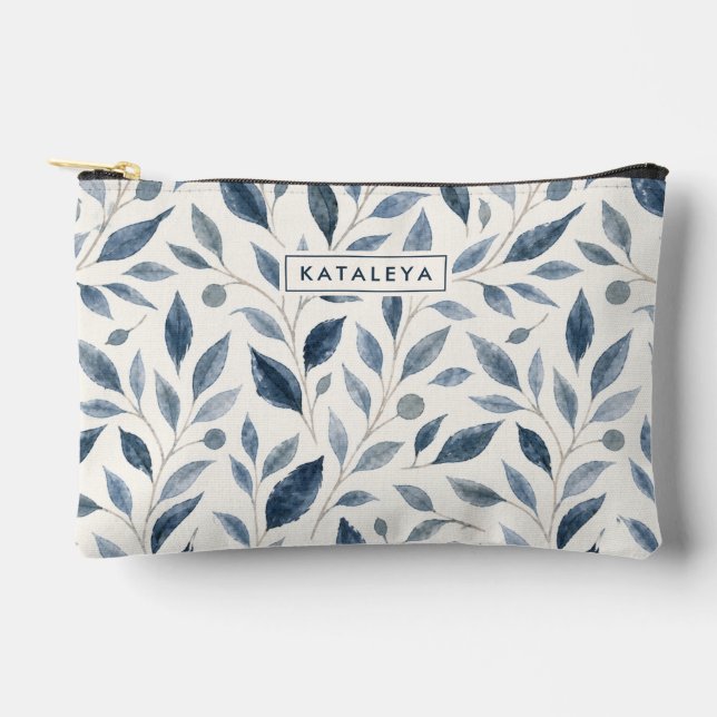 Blue Leaf Personalised with Name Accessory Pouch (Front)