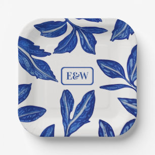 Blue Leaf Pottery Motif with Paired Initials  Paper Plate
