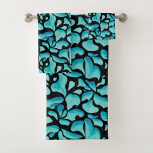 Blue Leaf Repeating Pattern Bath Towel Set