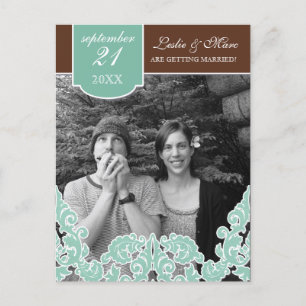 Blue Leaf Swirl Damask 2 Save the Date Announcement Postcard