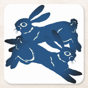 Blue Leaping Rabbit Hare Bold Animal Pattern  Square Paper Coaster