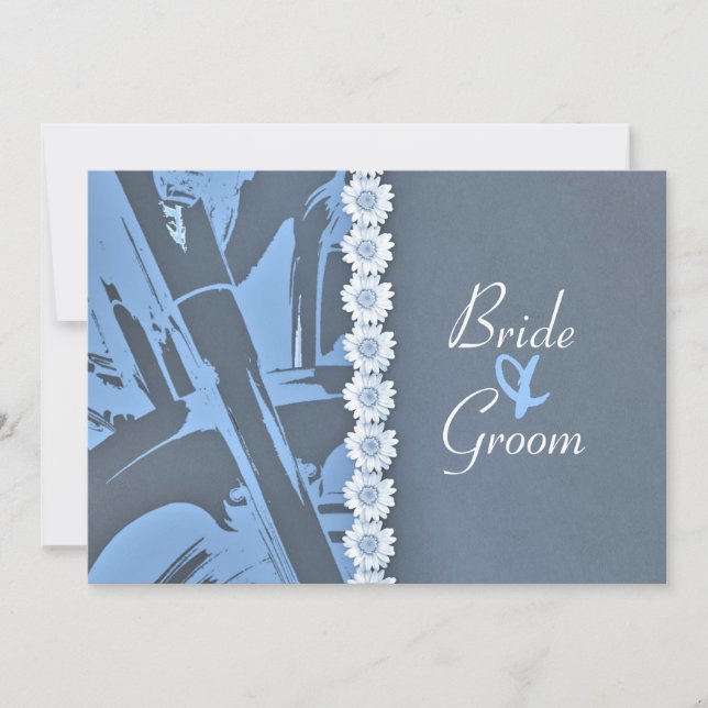 Blue Leather and Daisies Biker Wedding Invitation (Front)