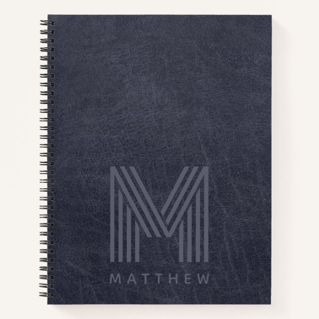 Blue Leather Bold Monogram Masculine  Notebook (Front)