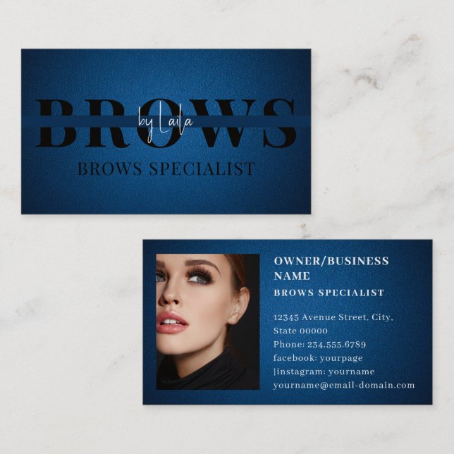 Blue leather Brows Typography Eyebrow Salon Photo  Business Card (Front/Back)
