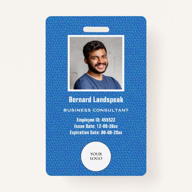 Blue Leather & Employee Photo & Logo ID Badge (Front)