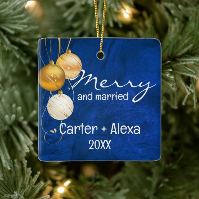 Blue Leather First Christmas Married Ceramic Ornament (Tree)