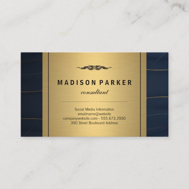 Blue Leather Gold Metallic Business Card (Front)