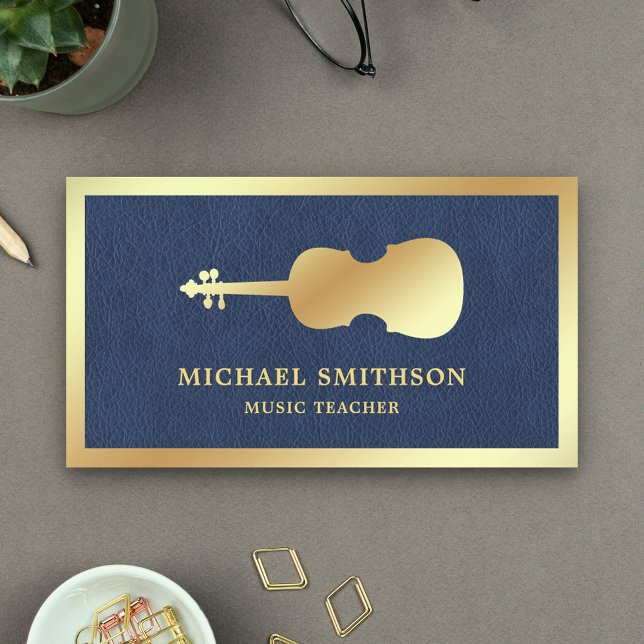 Blue Leather Gold Violin Music Teacher Violinist Business Card (Creator Uploaded)