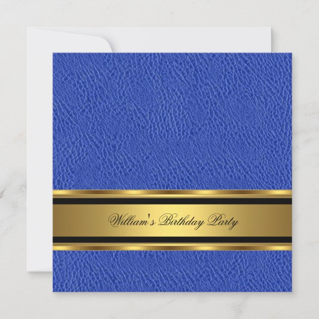 Blue Leather Look Gold Birthday Mens Man Invitation (Front)