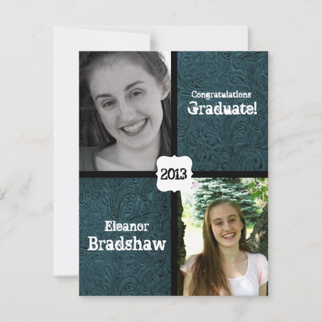 Blue Leather Look Photo Graduation Party Invitation (Front)