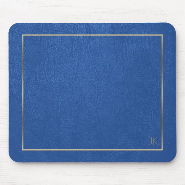 Blue Leather Texture Gold Frame-Custom Monogram Mouse Mat (Front)