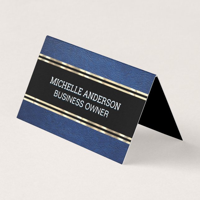 Blue Leather Texture | Gold Trim Metallic Foil Business Card (Front)