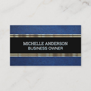 Blue Leather Texture   Gold Trim Metallic Foil Business Card