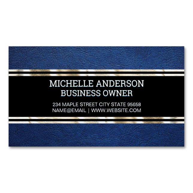 Blue Leather Texture | Gold Trim Metallic Foil Magnetic Business Card (Front)