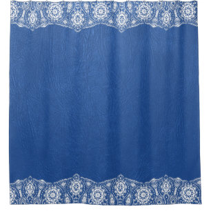 Blue Leather Texture White Lace Border Shower Curtain