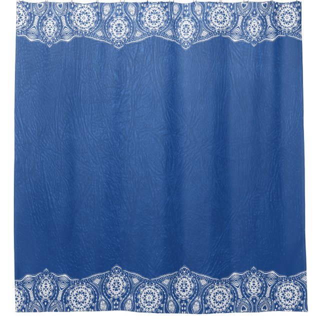 Blue Leather Texture White Lace Border Shower Curtain (Front)