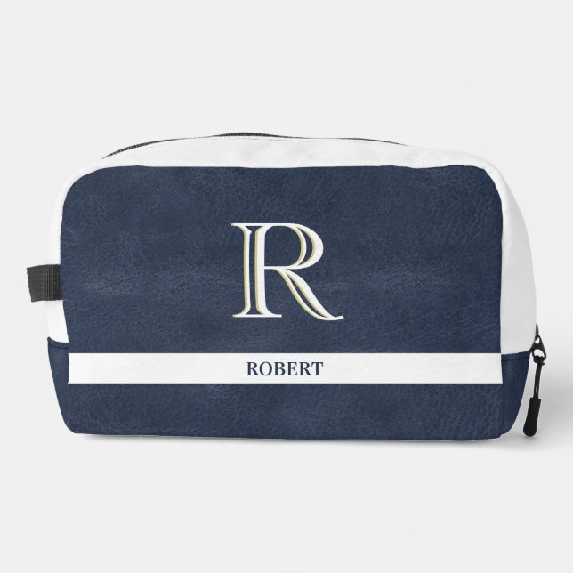 Blue Leather Texture White Monogram Name  Dopp Kit (Front)