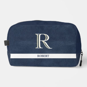 Blue Leather Texture White Monogram Name  Dopp Kit