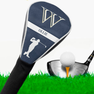 Blue Leather Texture White Monogram Name   Golf Head Cover