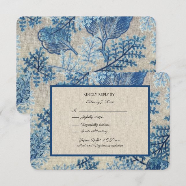 Blue Leaves and Grey Linen Covid-19  RSVP Card (Front/Back)