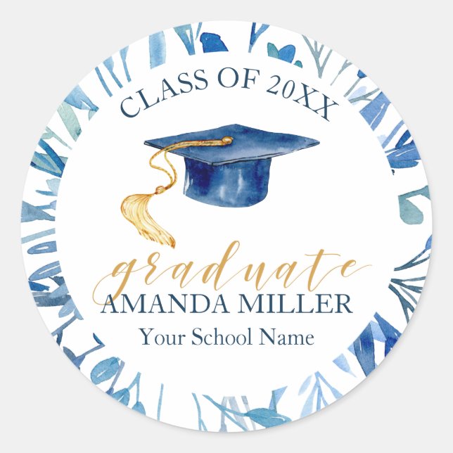Blue leaves and hat graduation sticker (Front)