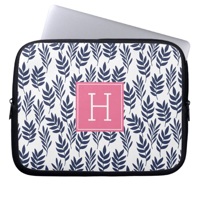 Blue Leaves and Pink Monogram Laptop Sleeve (Front)