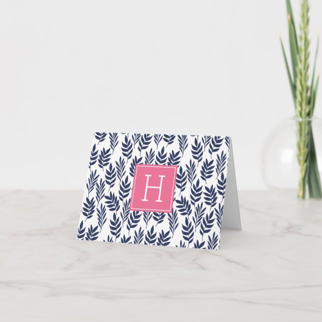 Blue Leaves and Pink Monogram Note Card (Front)
