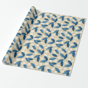 Blue Leaves and White Flowers on Beige Background  Wrapping Paper