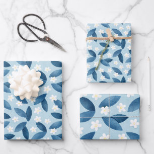 Blue Leaves and White Flowers Seamless Pattern Wrapping Paper Sheet