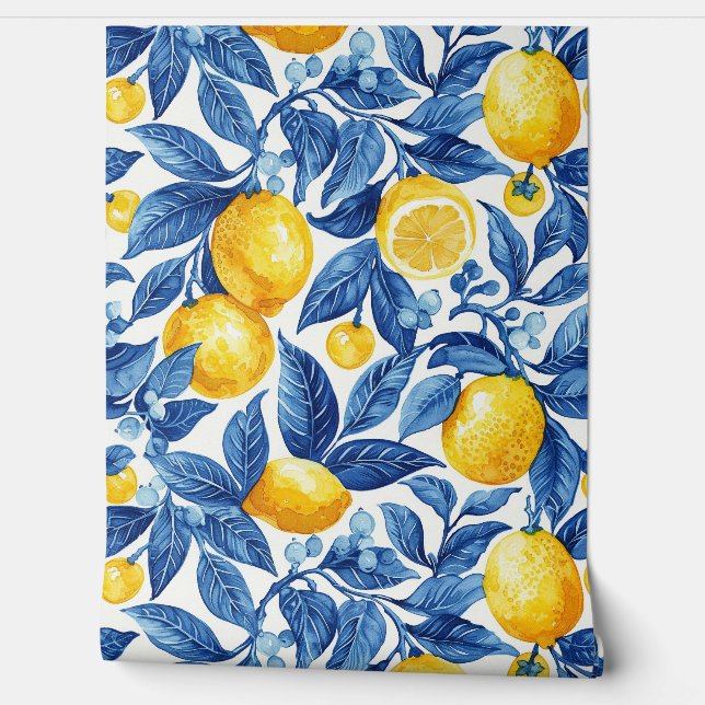 Blue Leaves and Yellow Lemons Wallpaper (Unrolling)