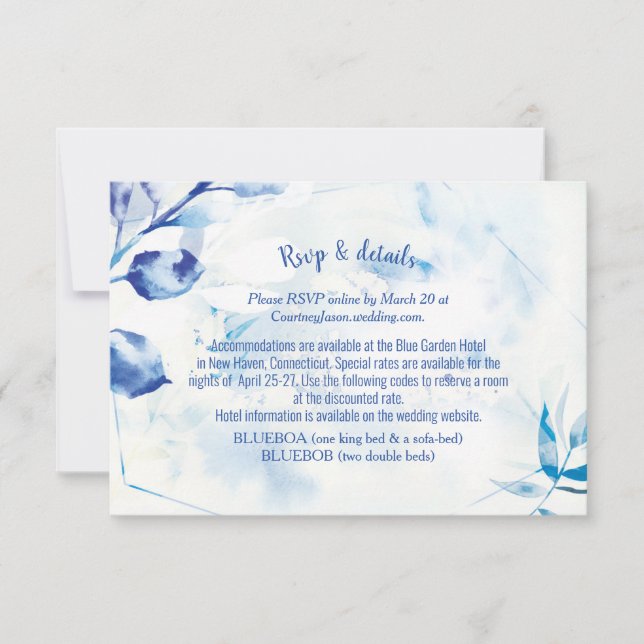 Blue Leaves Botanical Wedding RSVP Online Card (Front)