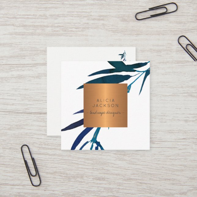 Blue leaves copper rose gold landscape designer square business card (Front/Back In Situ)