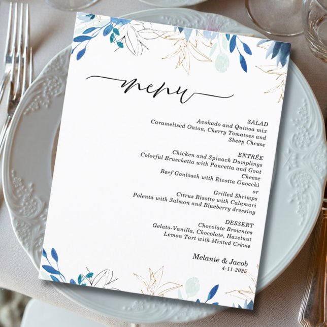 Blue Leaves Elegant wedding Menu Card (Creator Uploaded)