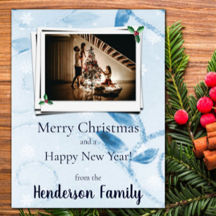 Blue Leaves Flat Holiday Photo Card