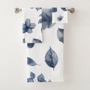 Blue Leaves Florals Watercolour Bath Towel Set