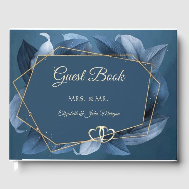 Blue Leaves Gold Frame Guest Book (Front)