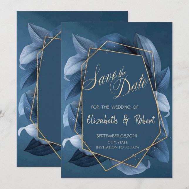 Blue Leaves Gold Frame Save The Date (Front/Back)