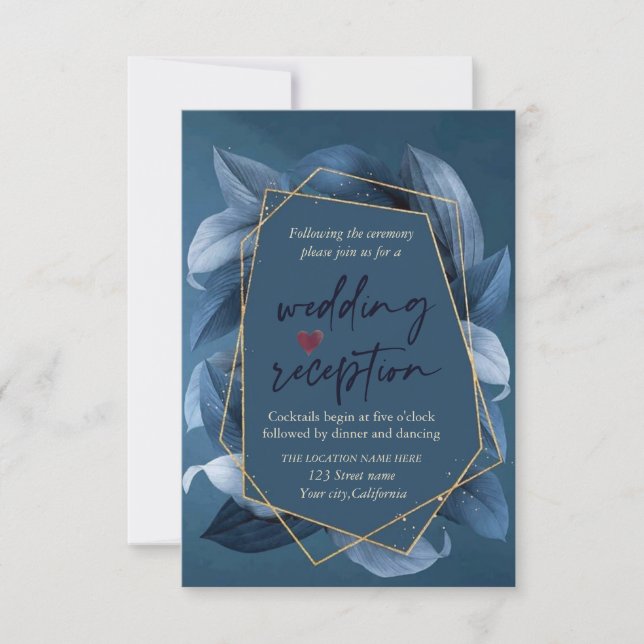 Blue Leaves Gold Frame Wedding Reception  Invitation (Front)