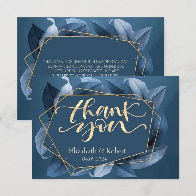 Blue Leaves Gold Frame Wedding Thank You Card (Front/Back)