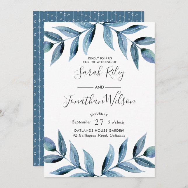 Blue leaves leaves Wedding invitation (Front/Back)