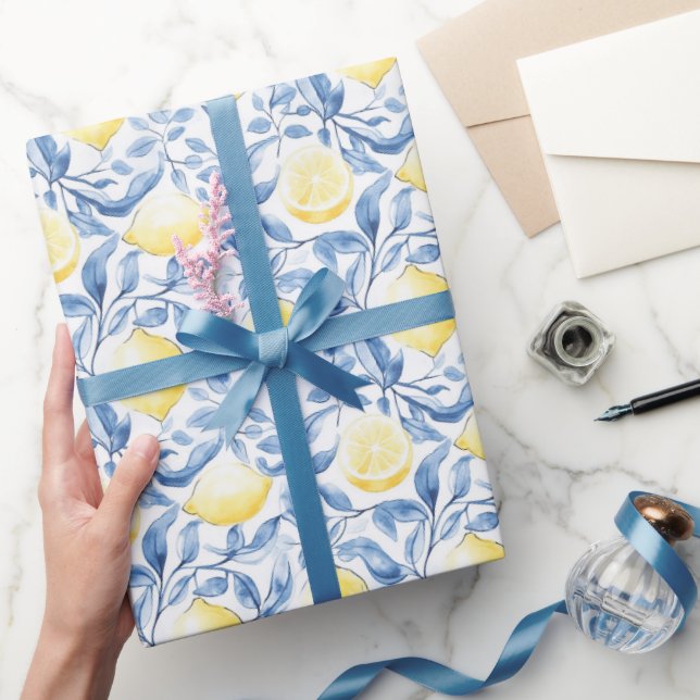Blue Leaves Lemons Sicily Italian Birthday Wrapping Paper (Gifting)