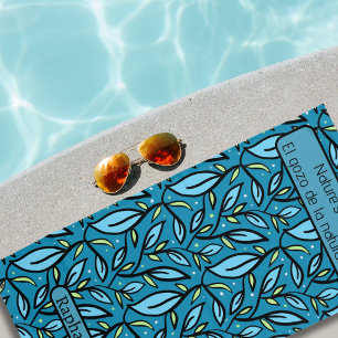 Blue Leaves Pattern Name Bilingual Text Beach Towel