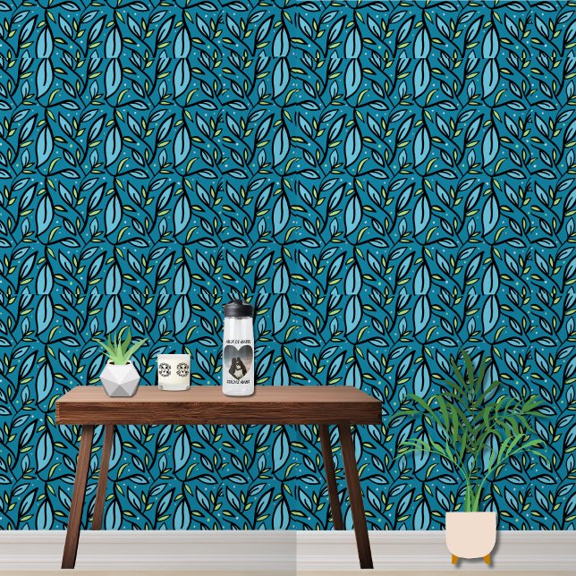 Blue leaves Pattern  Wallpaper (Blue Leaves bilingual Wallpaper, modern home decor,  add text in Spanish "multilingual Project")