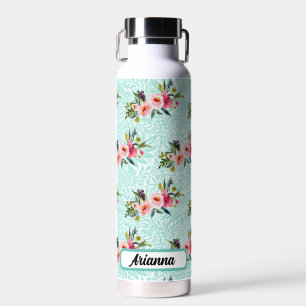 Blue Leaves Pink Vintage Bouquets Name Water Bottle