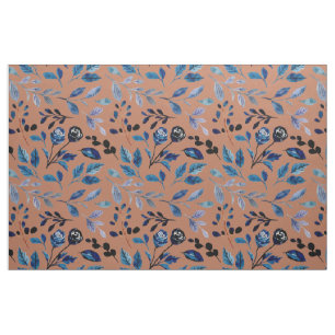 Blue Leaves Rust Burnt Orange Botanical Fabric