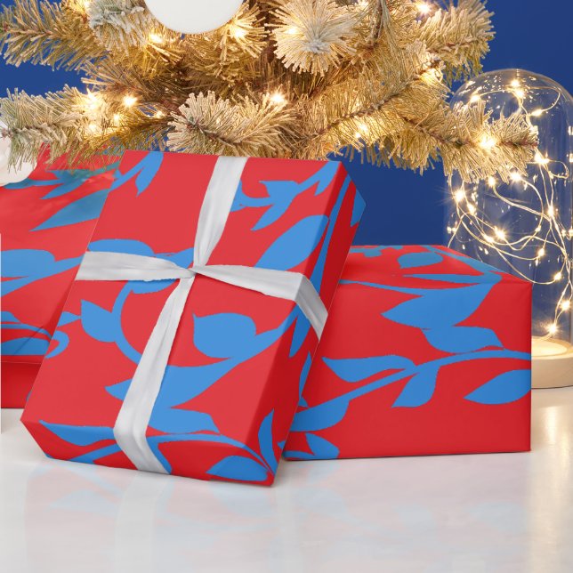 Blue Leaves Vines Red Botanical  Wrapping Paper (Holidays)