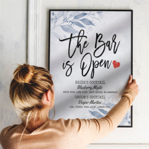 Blue Leaves Wedding The Bar is Open Drink Menu Poster
