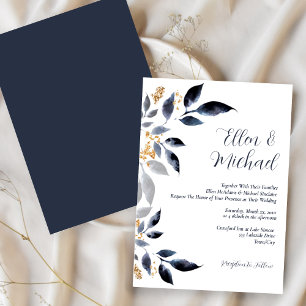 Blue Leaves with Gold Wedding Invitation