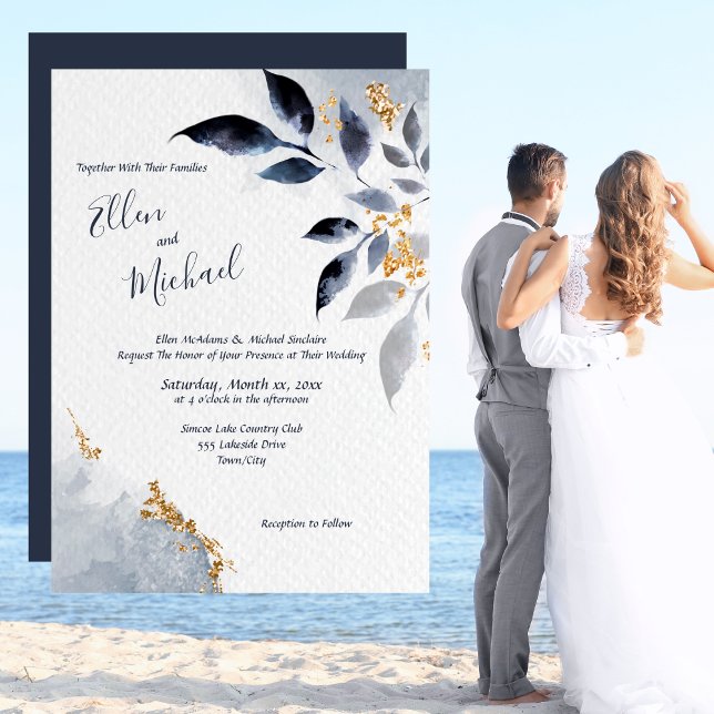 Blue Leaves with Gold Wedding  Invitation (Blue Leaves with Gold Wedding Invitation)