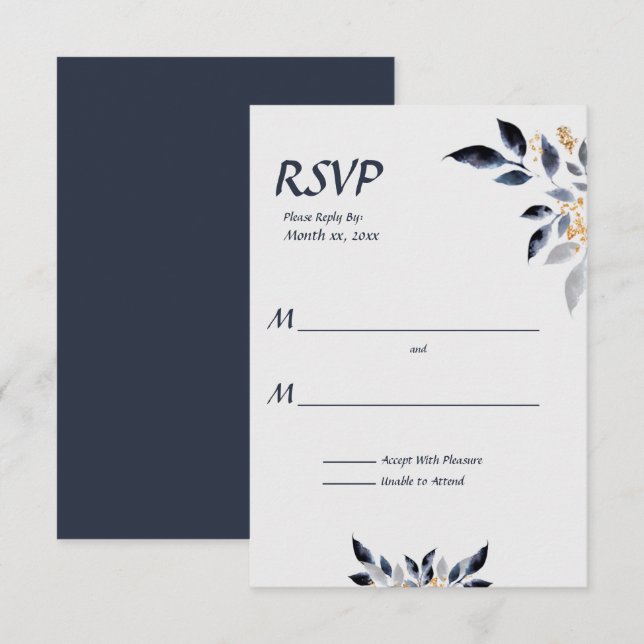 Blue Leaves with Gold Wedding RSVP  (Front/Back)